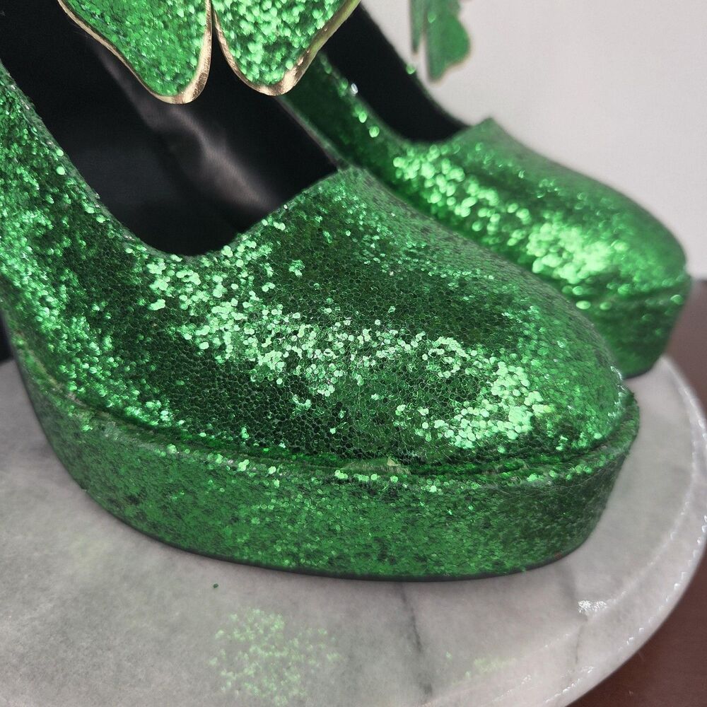 Shoes Womens Size 10 Green Glitter Platform Shamrock St Patricks Day Leprechaun - Picture 14 of 16